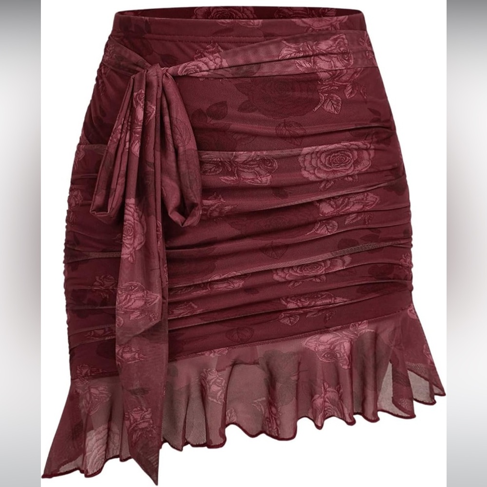 Elegant Floral Print Burgundy Skirt
